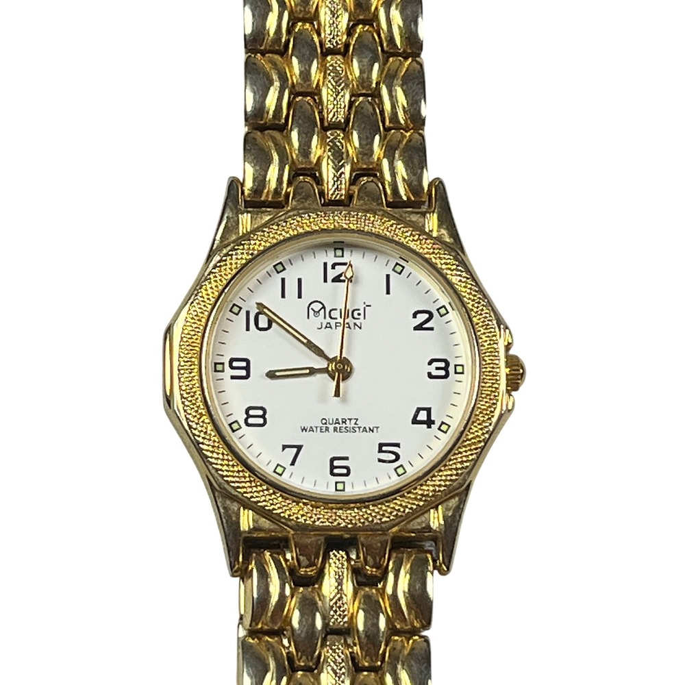 Acuet Japan Quartz Gold Tone‎ Link Bracelet Watch White Dial Water Resistant 8"